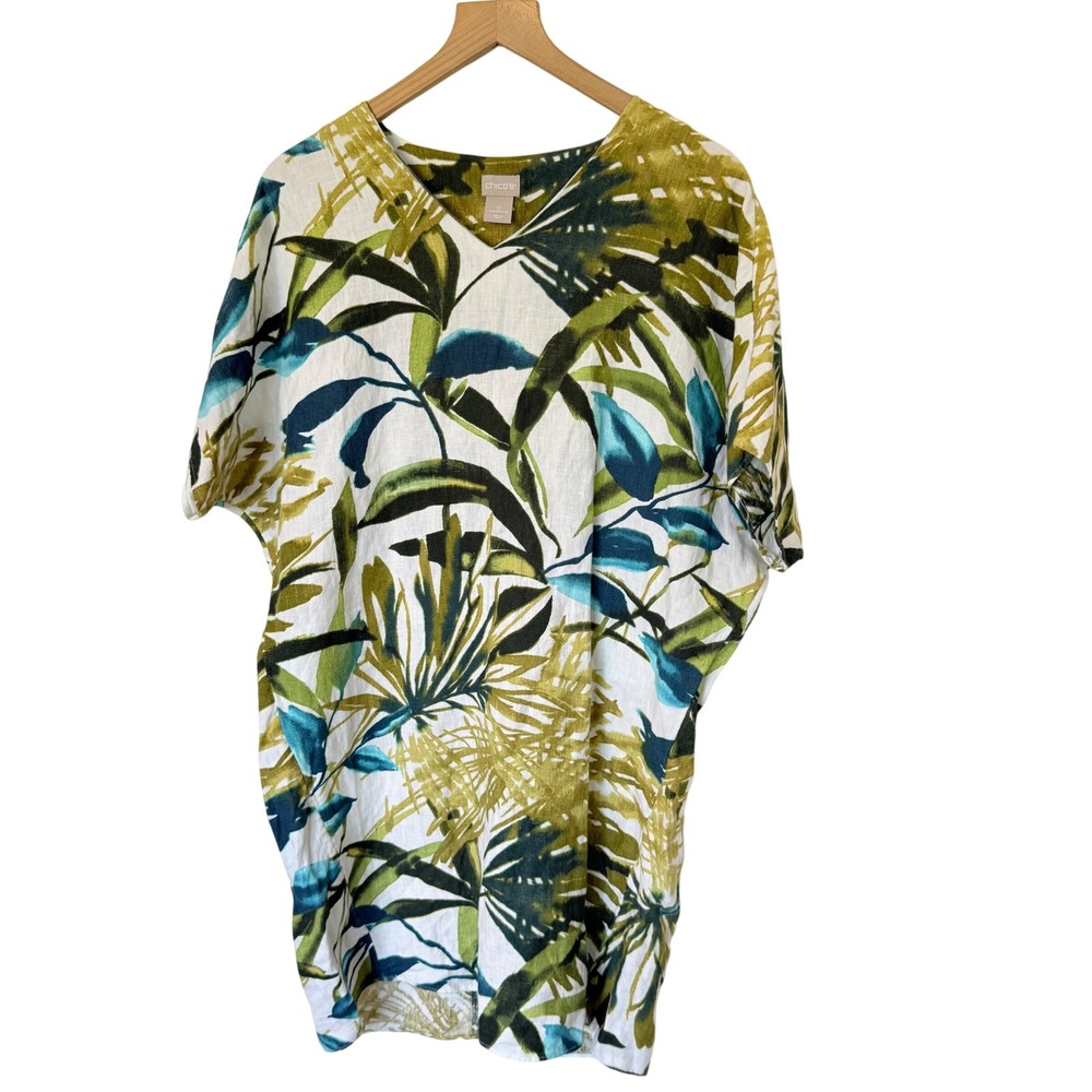 Chico's‎ Linen Tropical Palm Print Tunic Women 4 Kaftan beach resort lagenlook